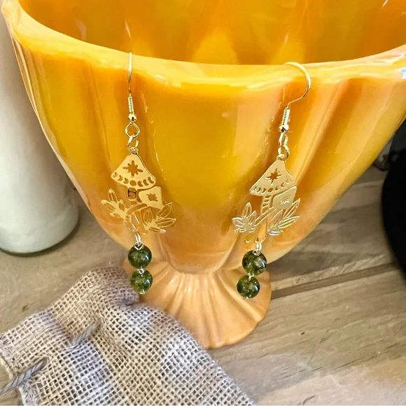 New! Whimsical Mushroom And Green Beads Boho Earrings 🍄 - Picture 3 of 5